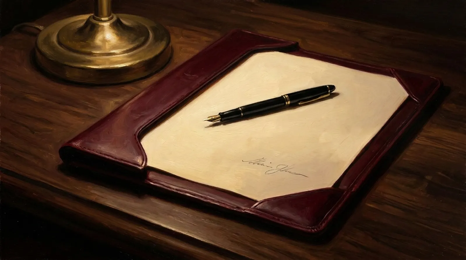 Painting: a fountain pen resting on a signed sheet of cream paper in an oxblood leather portfolio, lit low by a brass lamp.