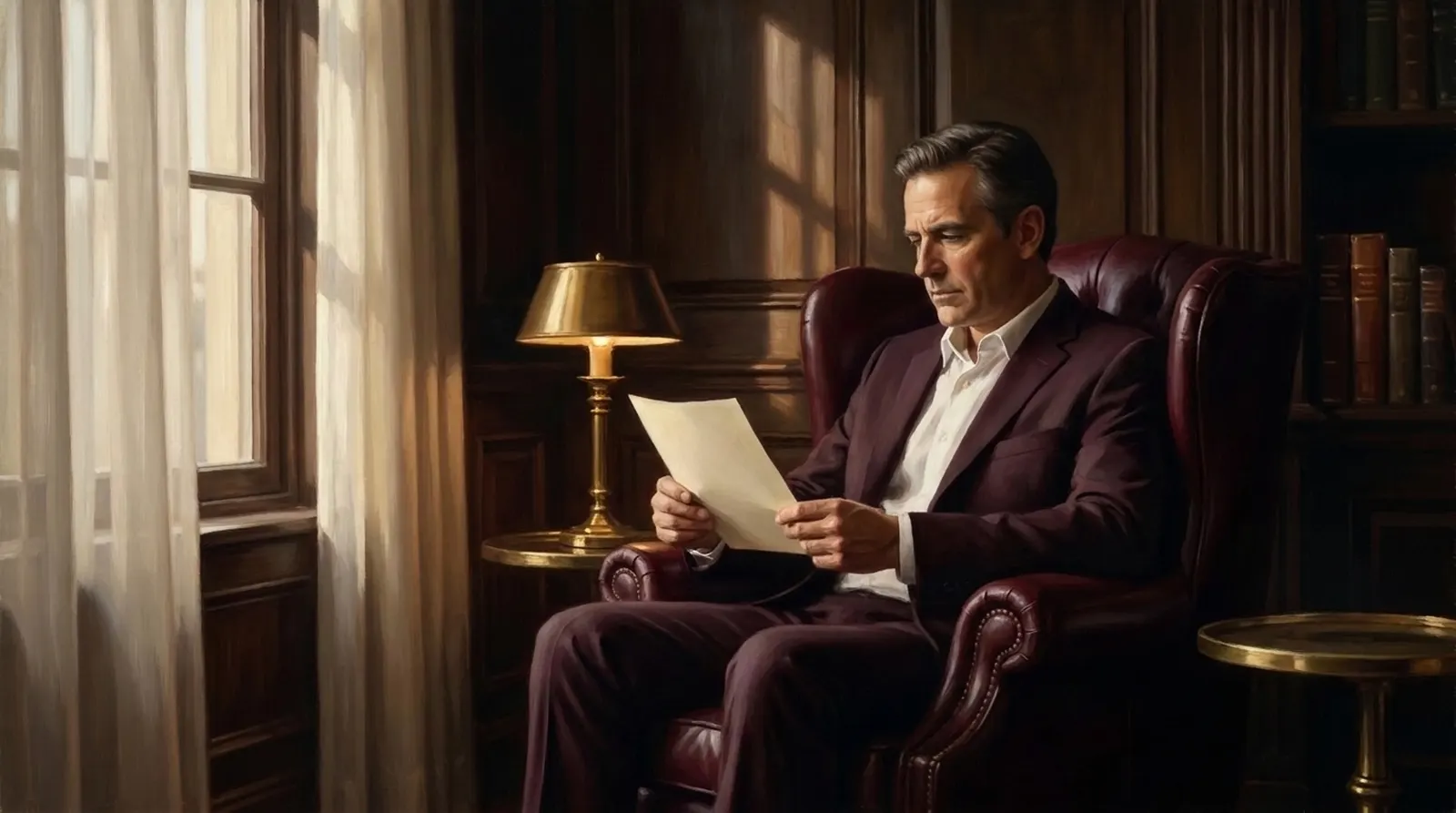 Painting: a man in a panelled room reading a single sheet of paper by the light of a brass lamp.