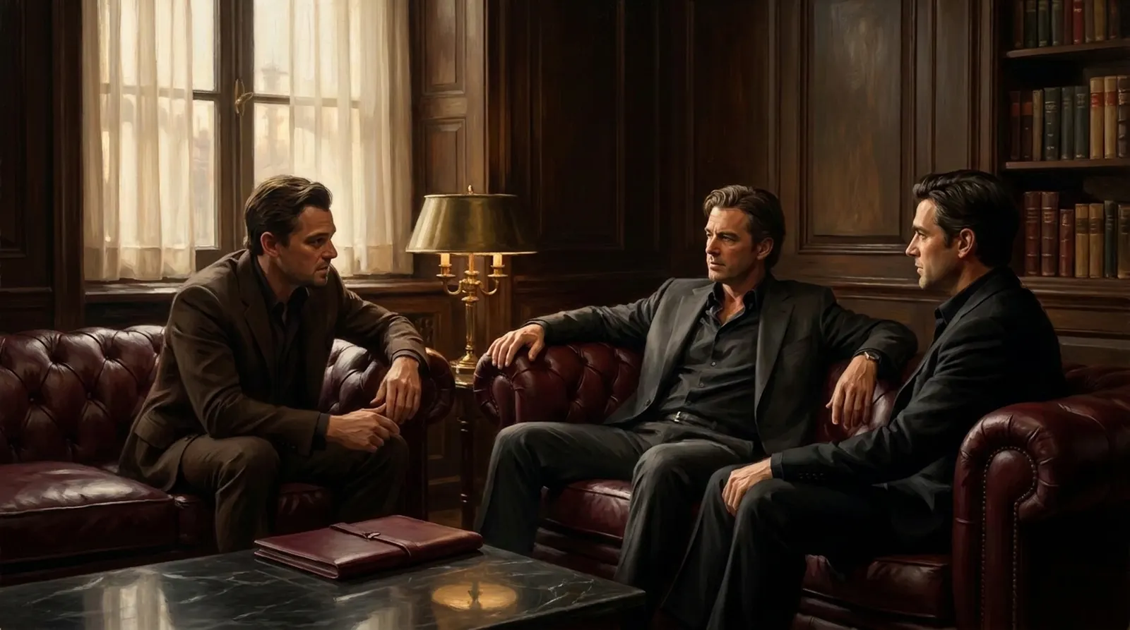 Painting: three men in conversation across oxblood leather sofas in a panelled room, late sun through the curtains.